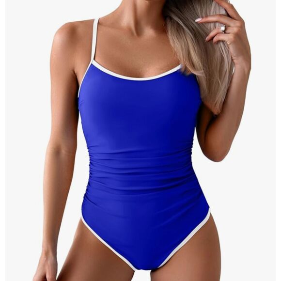 Other - Eomenie Royal Blue One Piece Swimsuit White Trim Adjustable Straps Size Large